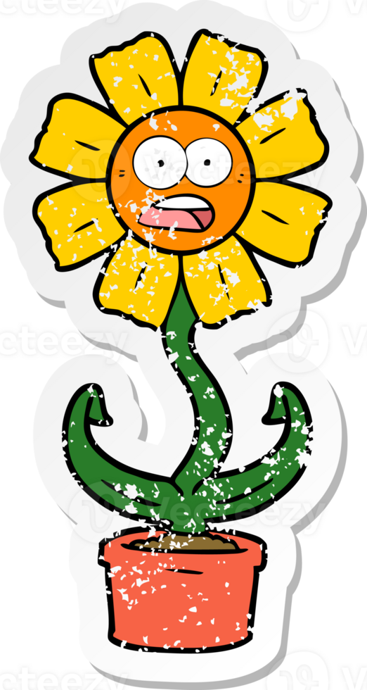 distressed sticker of a cartoon shocked flower png