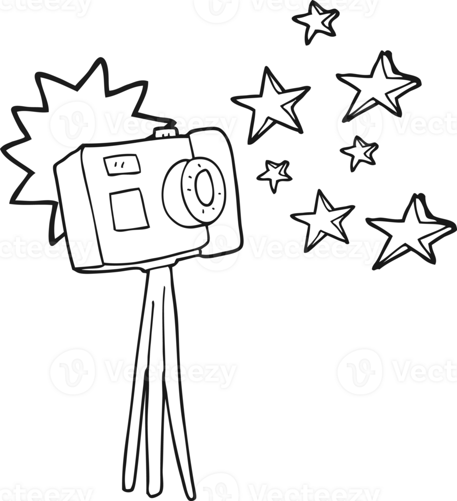 hand drawn black and white cartoon camera on tripod with flash png
