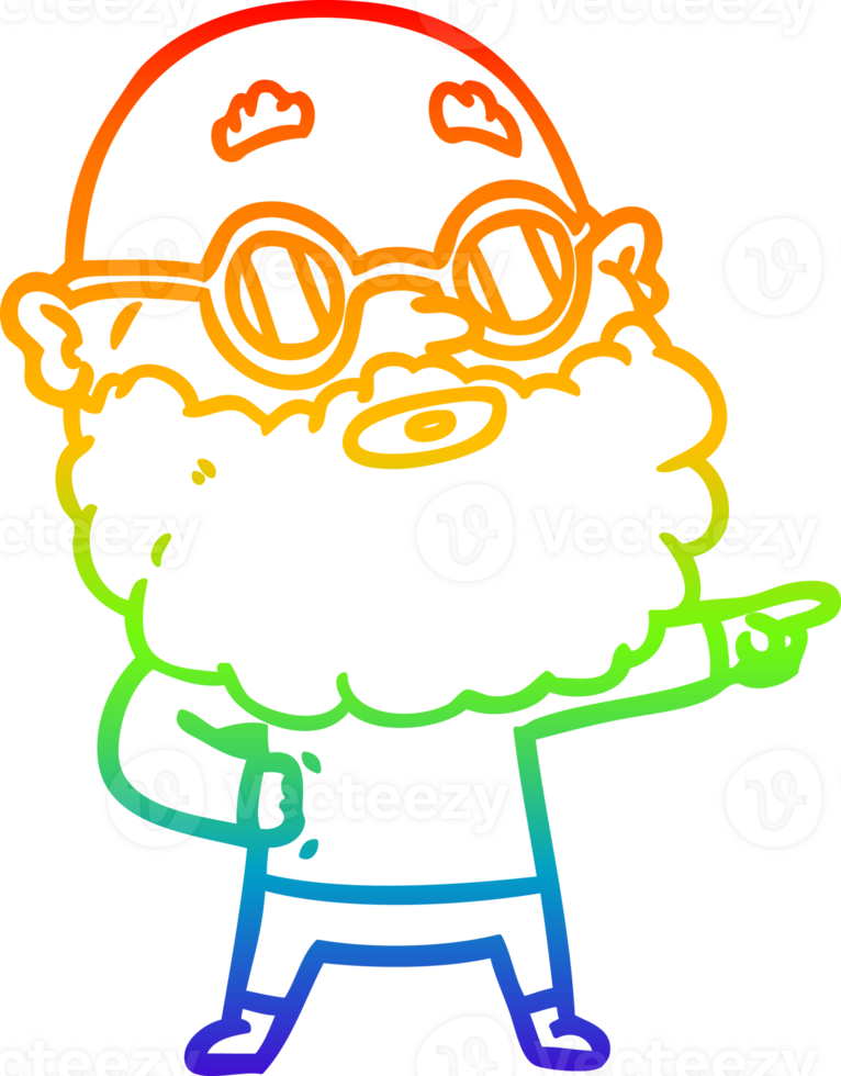 rainbow gradient line drawing of a cartoon curious man with beard and glasses png