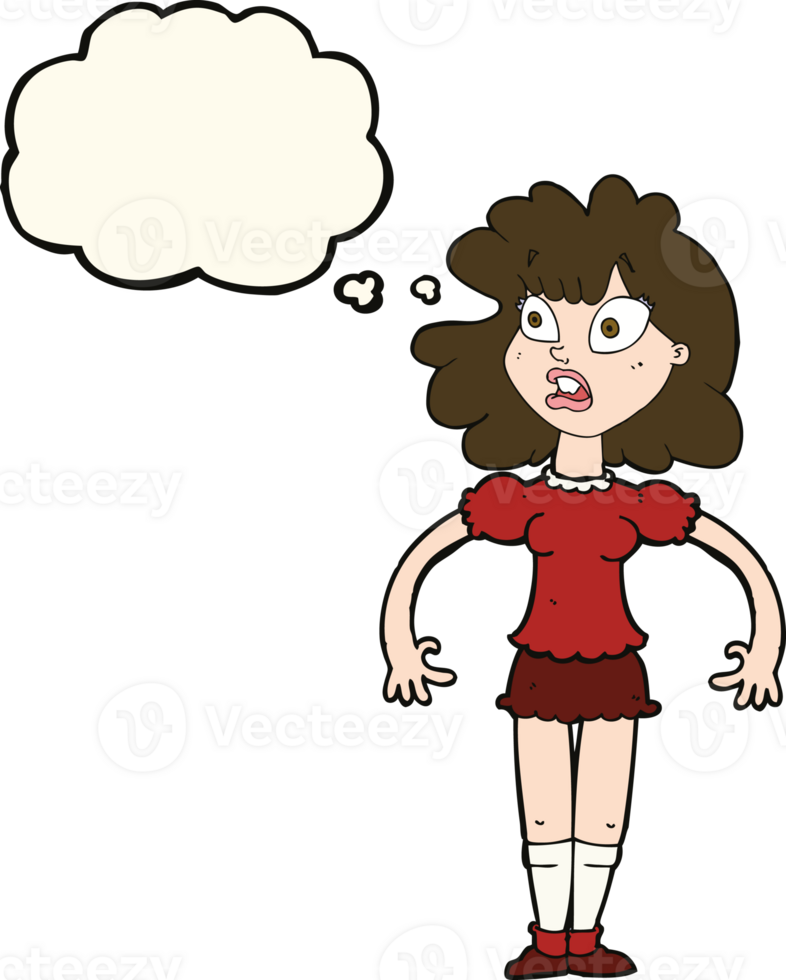 cartoon pretty girl with shocked expression with thought bubble png