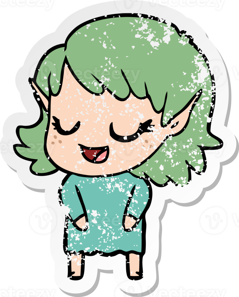 distressed sticker of a happy cartoon elf girl png