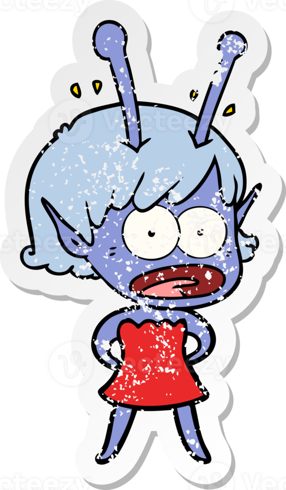 distressed sticker of a cartoon shocked alien girl png