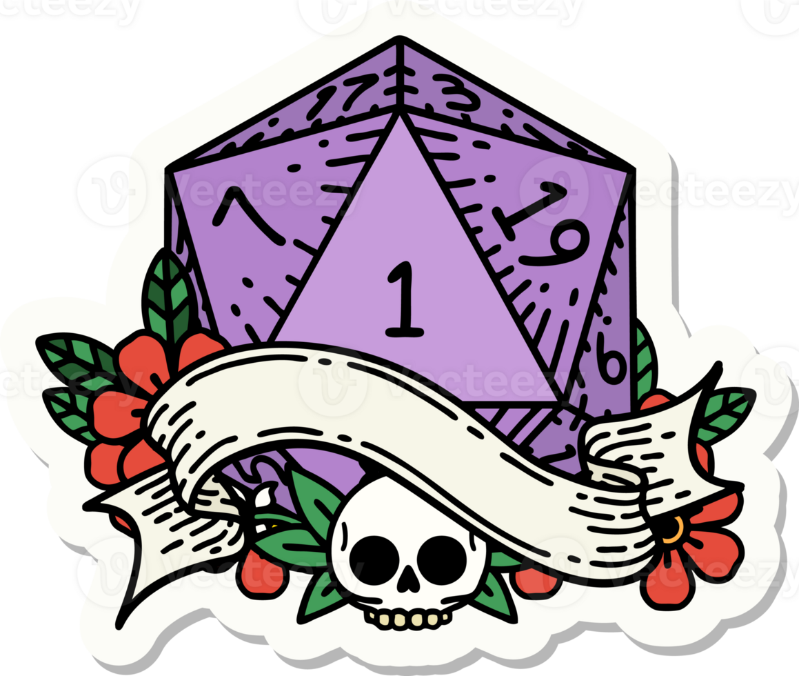 sticker of a natural one d20 dice roll png