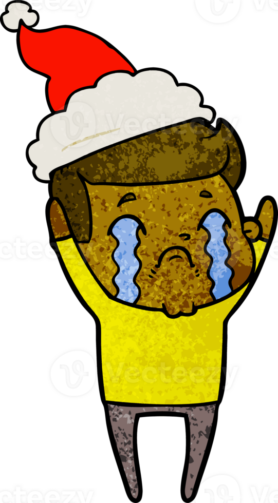 hand drawn textured cartoon of a man crying wearing santa hat png