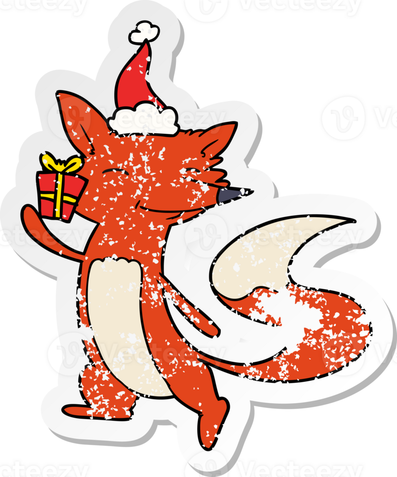 hand drawn distressed sticker cartoon of a happy fox wearing santa hat png