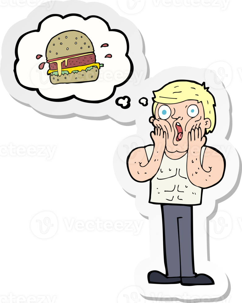 sticker of a cartoon shocked man thinking about junk food png