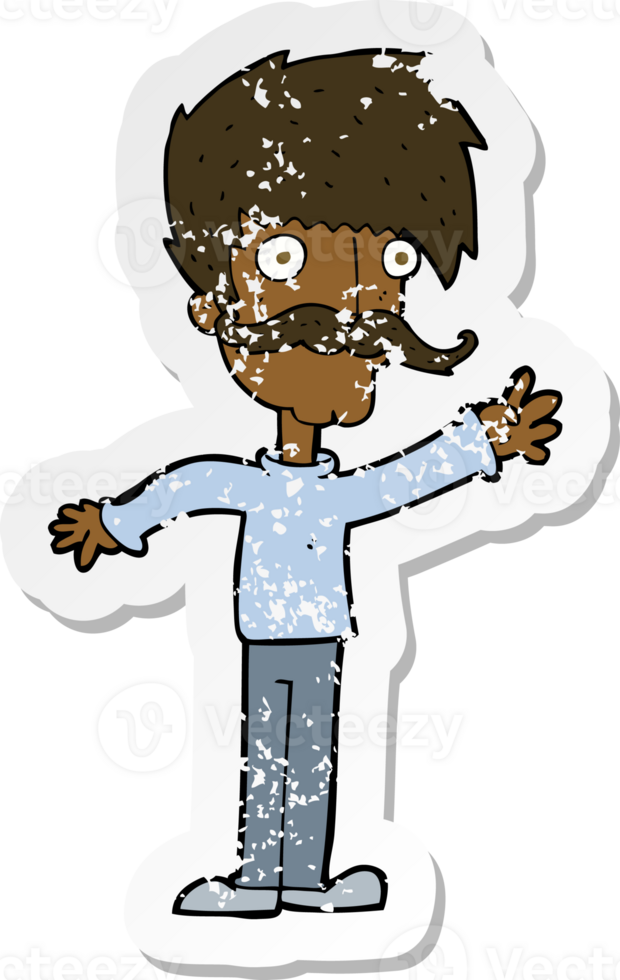 retro distressed sticker of a cartoon waving mustache man png