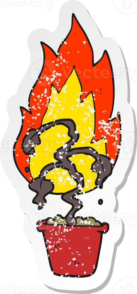 retro distressed sticker of a cartoon burning plant png