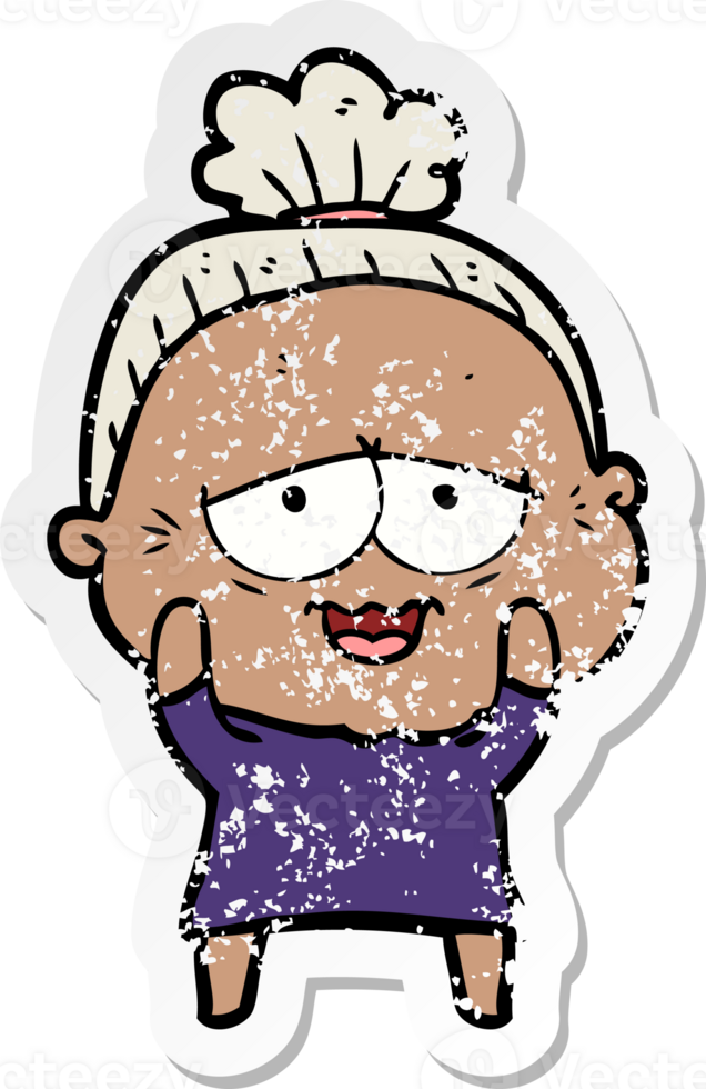 distressed sticker of a cartoon happy old lady png