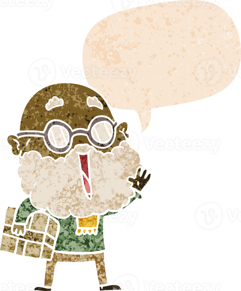 cartoon joyful man with beard and parcel under arm with speech bubble in grunge distressed retro textured style png