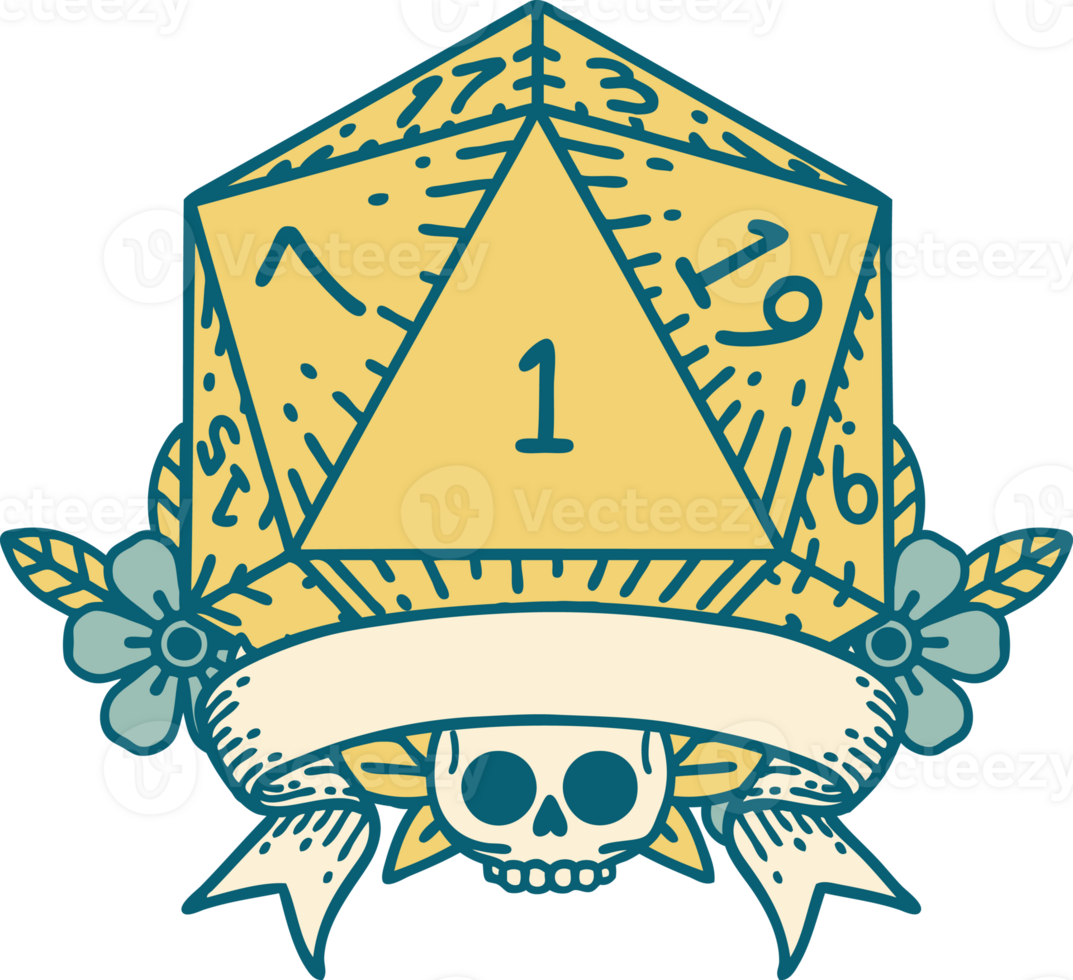 Retro Tattoo Style natural one d20 dice roll png