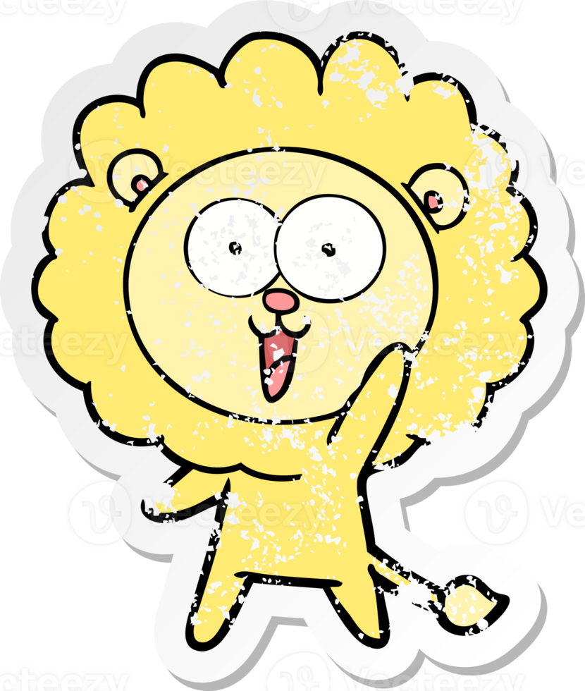 distressed sticker of a happy cartoon lion png