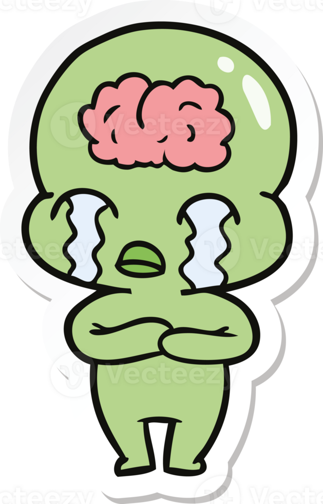 adesivo de um alienígena de cérebro grande de desenho animado chorando png