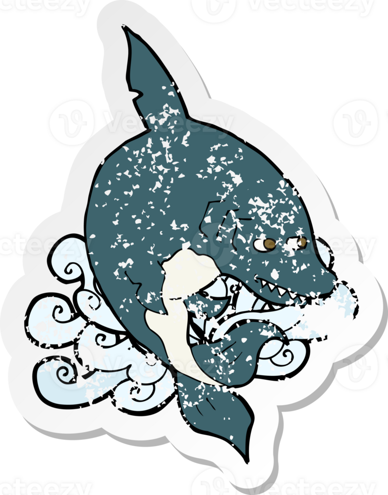 retro distressed sticker of a funny cartoon shark png