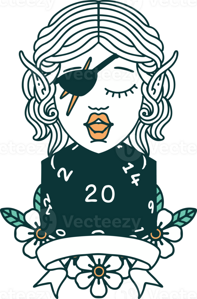 Retro Tattoo Style elf rogue character with natural twenty dice roll png