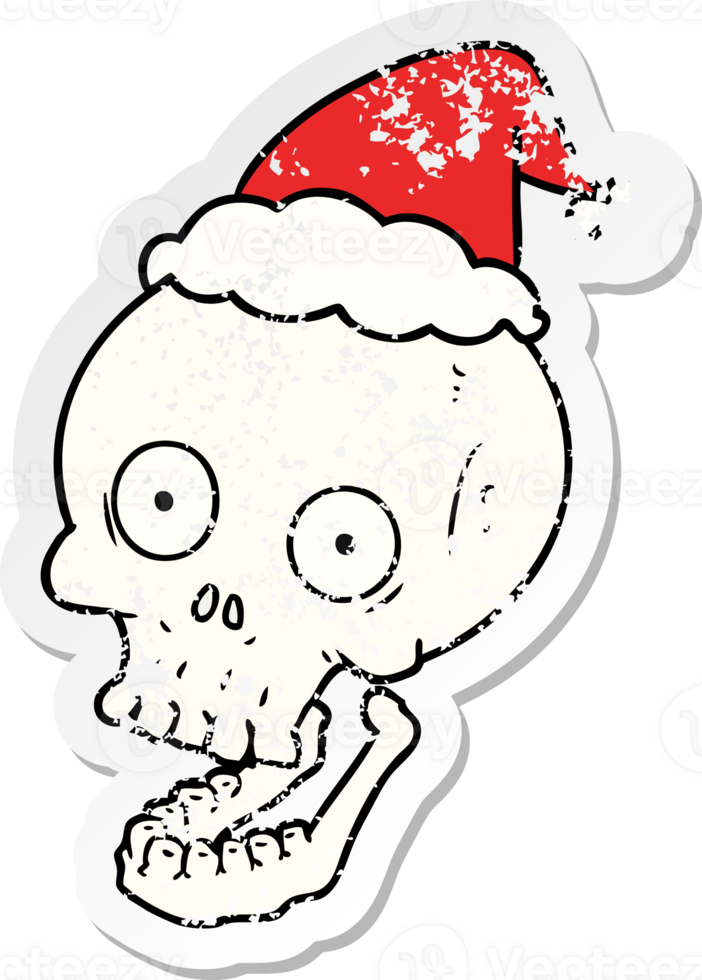 hand drawn distressed sticker cartoon of a skull wearing santa hat png