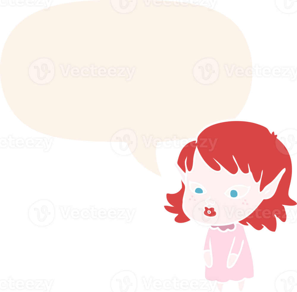 cartoon elf girl with pointy ears with speech bubble in retro style png