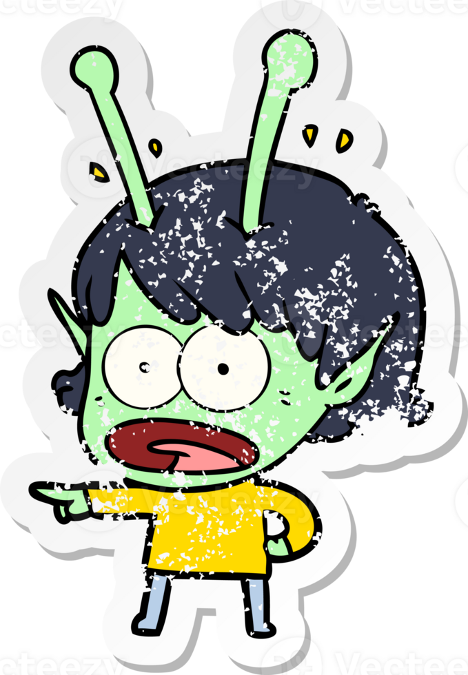 distressed sticker of a cartoon shocked alien girl png