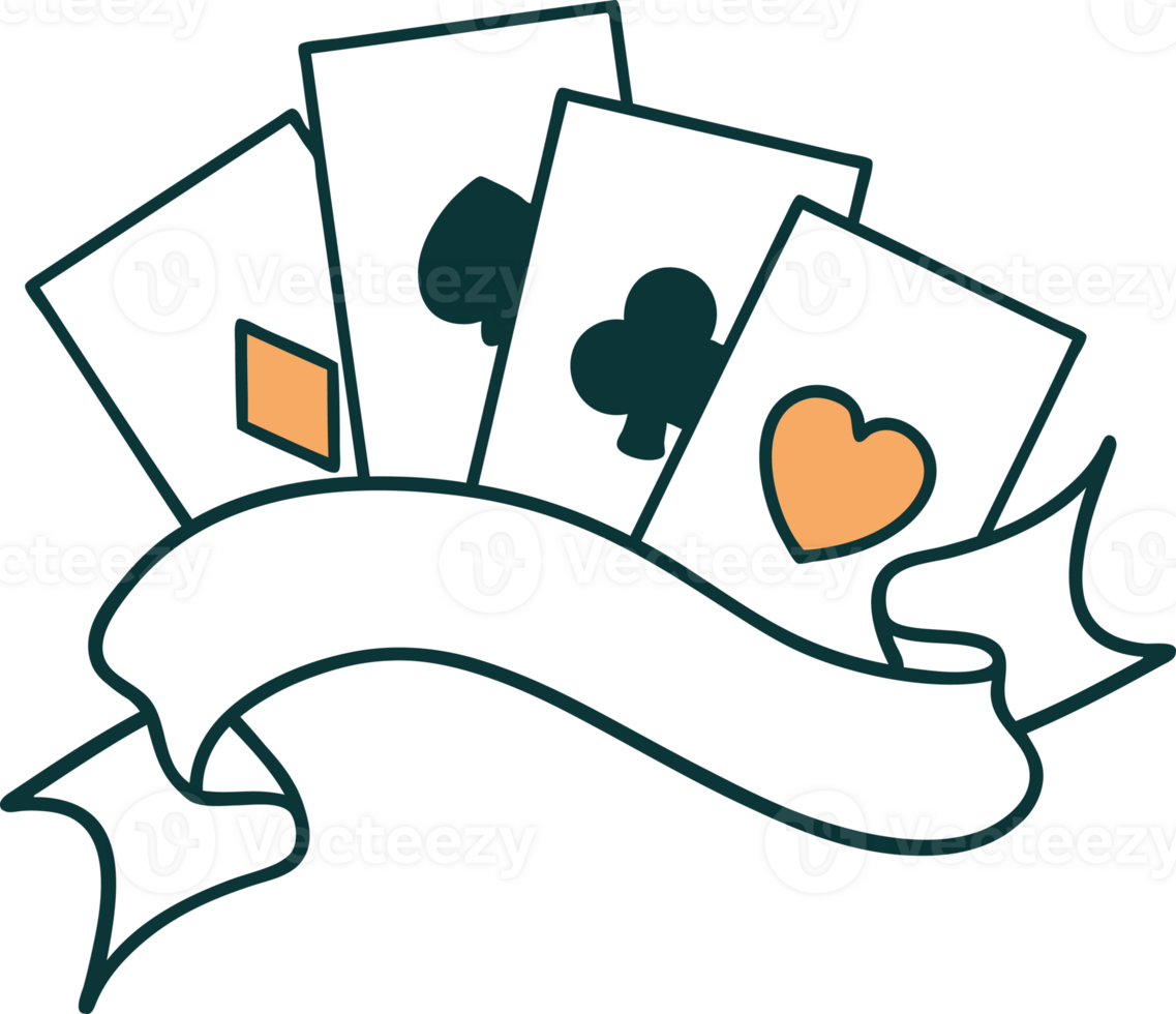 iconic tattoo style image of cards and banner png