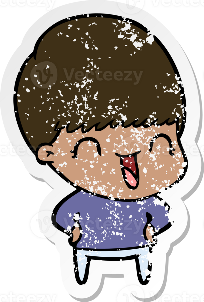 distressed sticker of a happy cartoon boy png