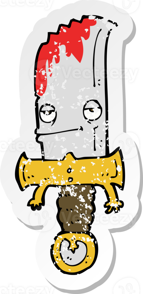 retro distressed sticker of a bloody knife cartoon character png