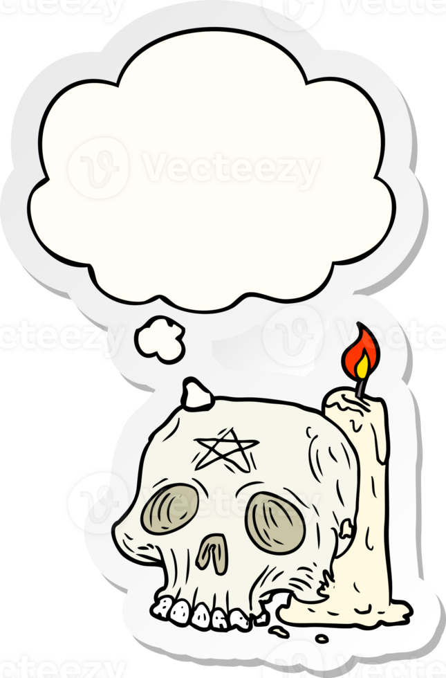 cartoon spooky skull and candle with thought bubble as a printed sticker png