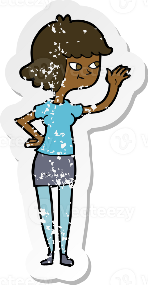 retro distressed sticker of a cartoon friendly girl waving png
