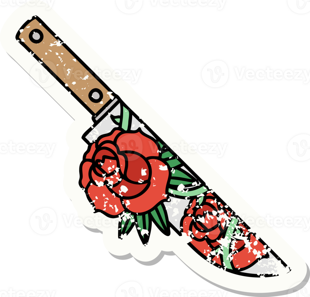 distressed sticker tattoo in traditional style of a dagger and flowers png