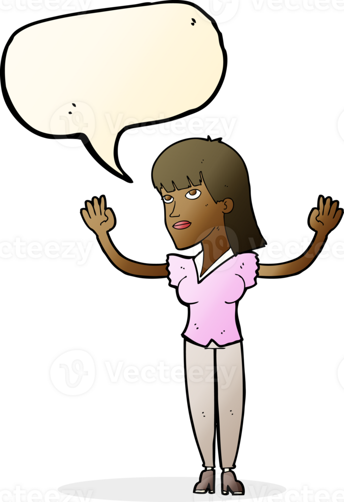 cartoon woman throwing hands in air with speech bubble png