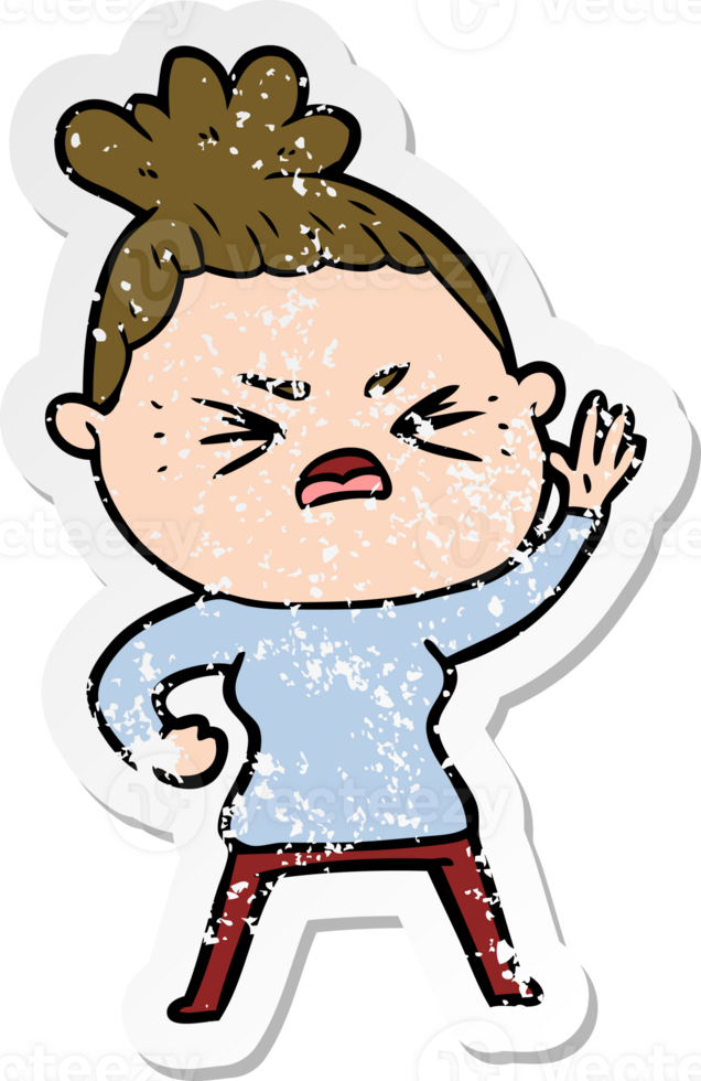 distressed sticker of a cartoon angry woman png