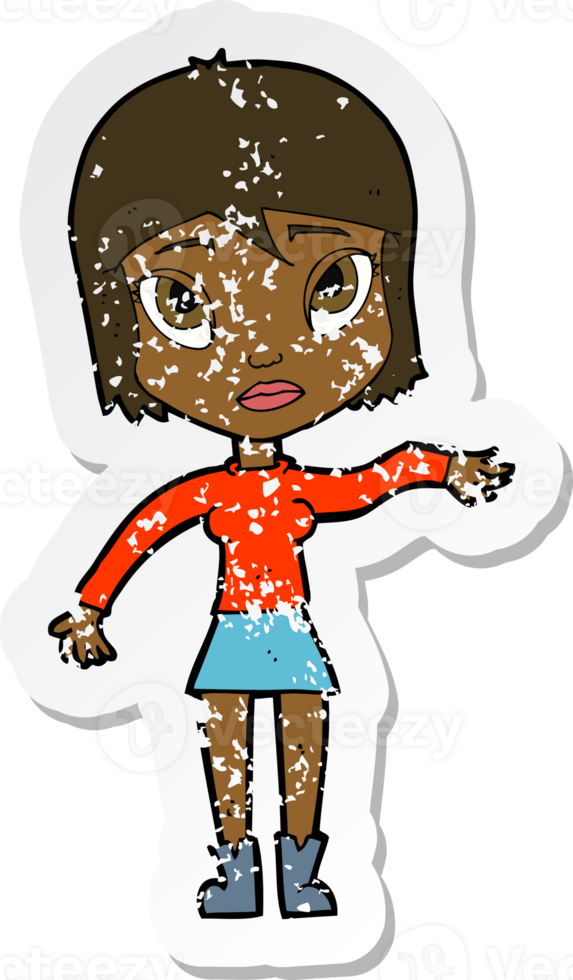 retro distressed sticker of a cartoon woman waving hand png