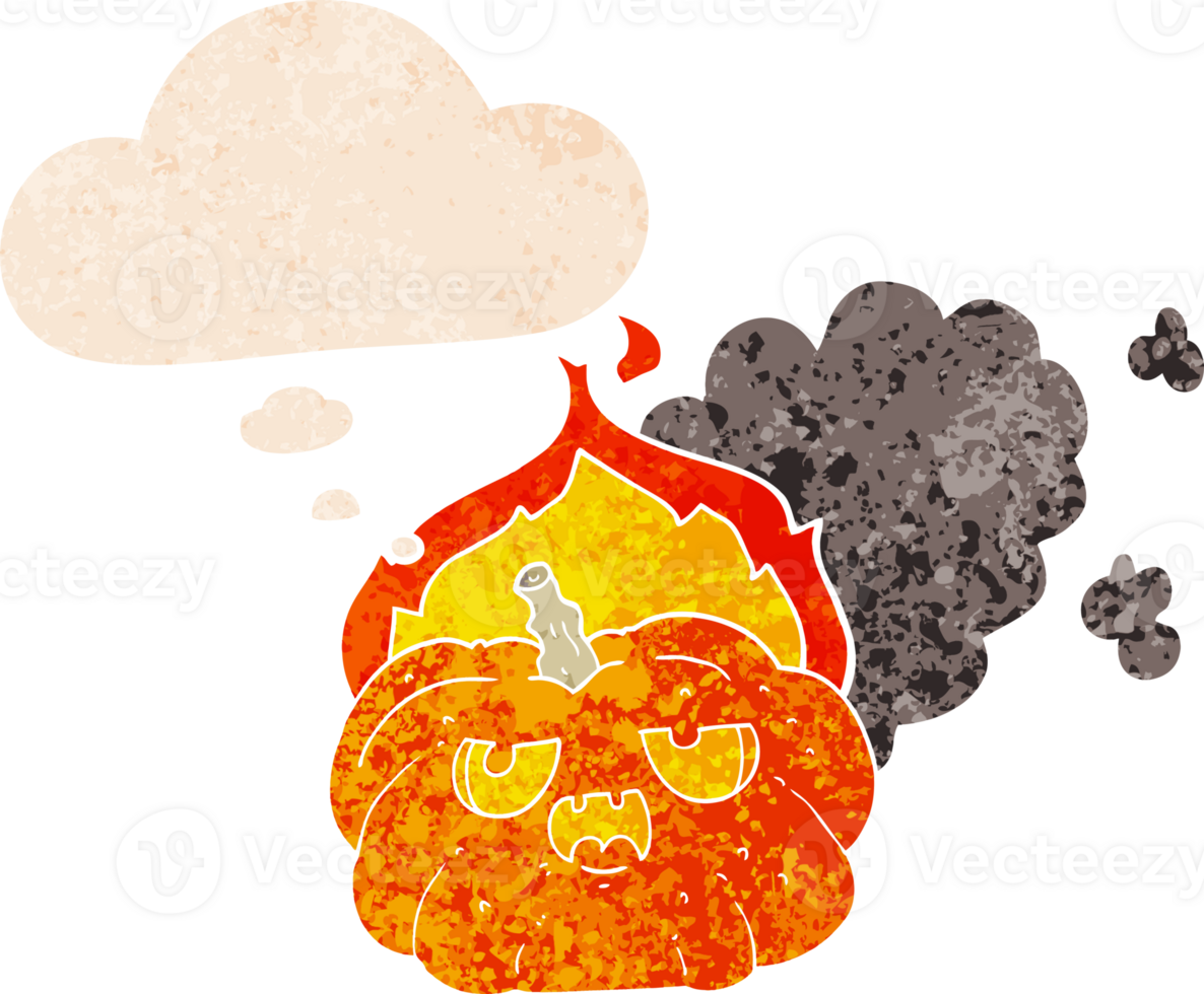 cartoon flaming halloween pumpkin with thought bubble in grunge distressed retro textured style png