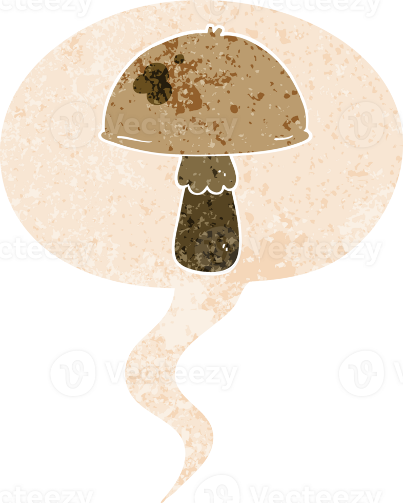 cartoon mushroom with speech bubble in grunge distressed retro textured style png