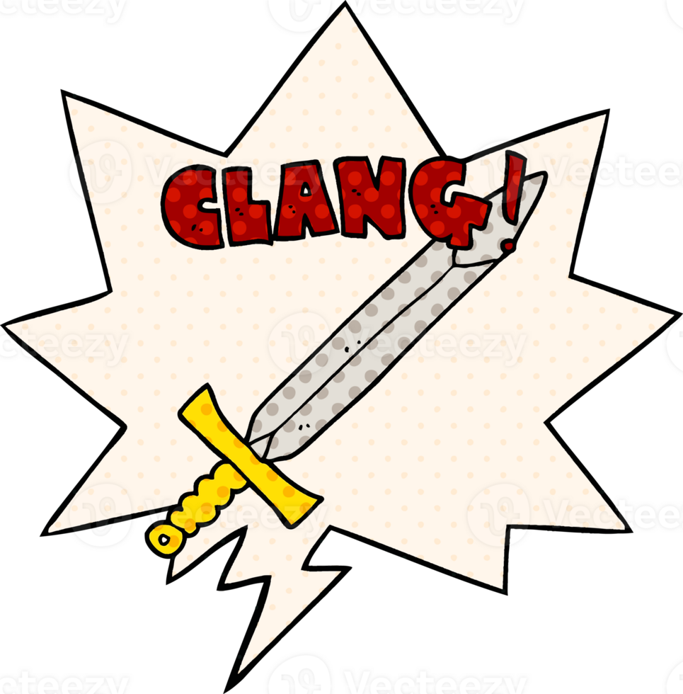 cartoon clanging sword with speech bubble in comic book style png