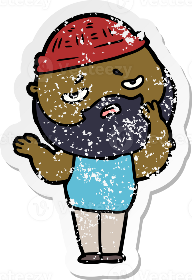 distressed sticker of a cartoon worried man with beard png