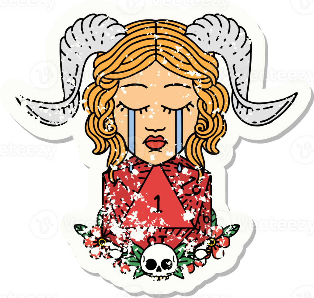 grunge sticker of a sad tiefling with natural one d20 dice roll png