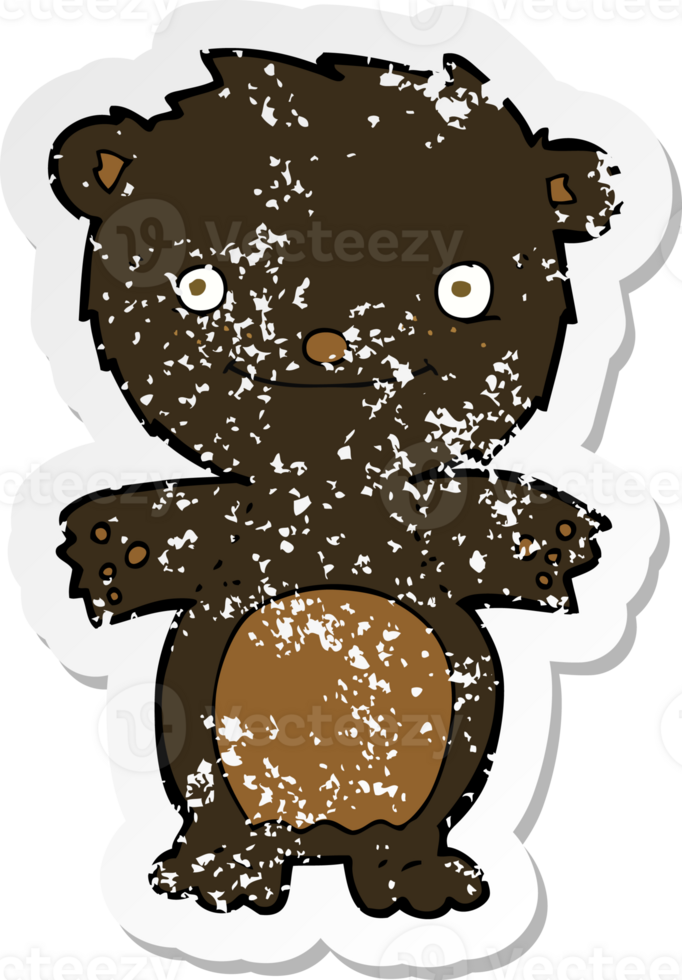 retro distressed sticker of a cartoon happy little black bear png