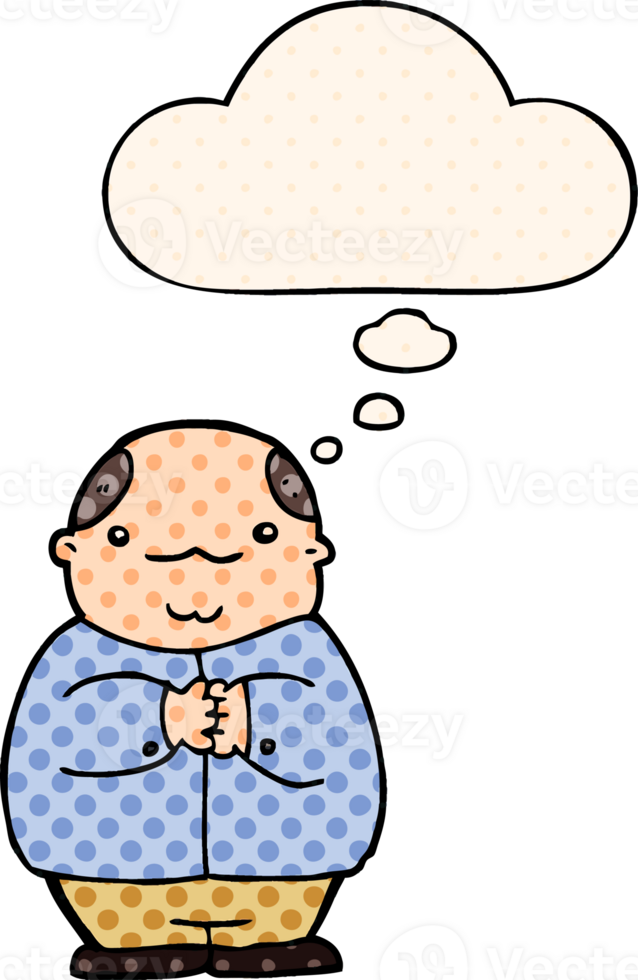 cartoon balding man with thought bubble in comic book style png