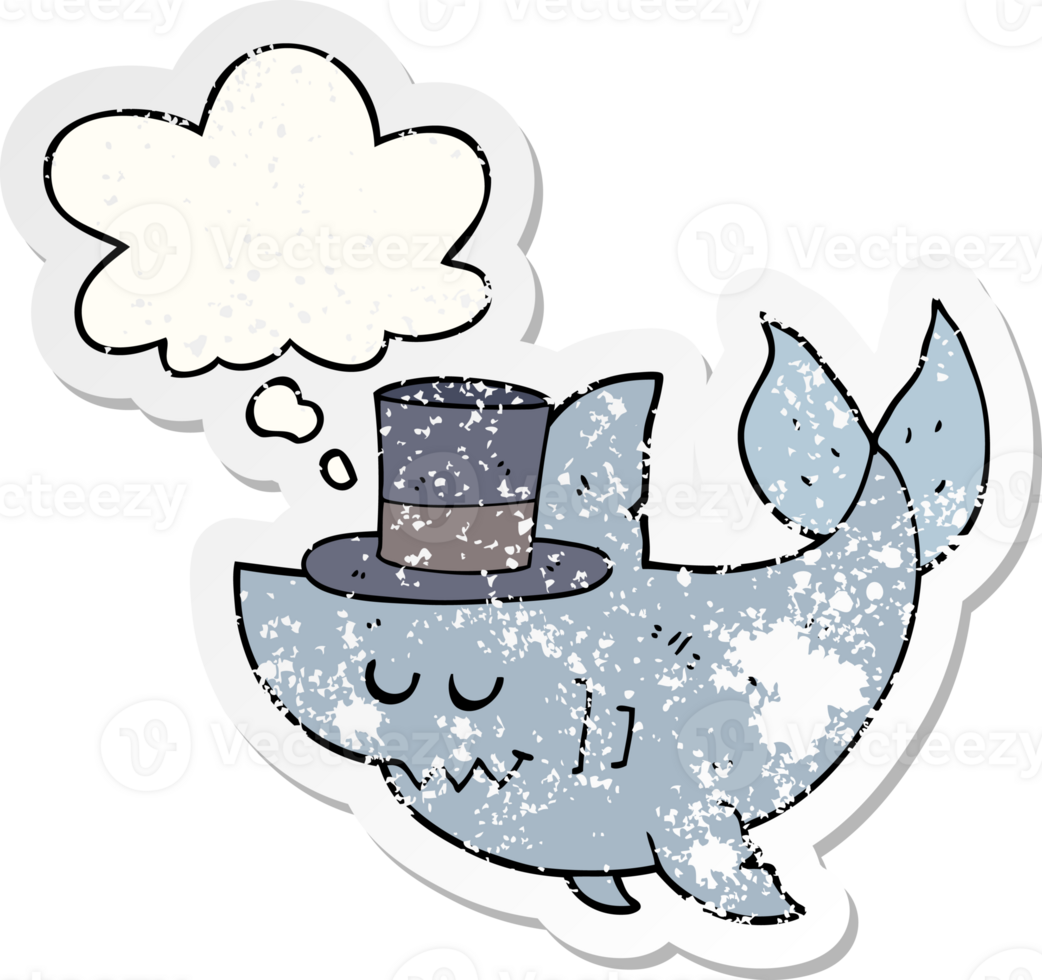 cartoon shark wearing top hat with thought bubble as a distressed worn sticker png