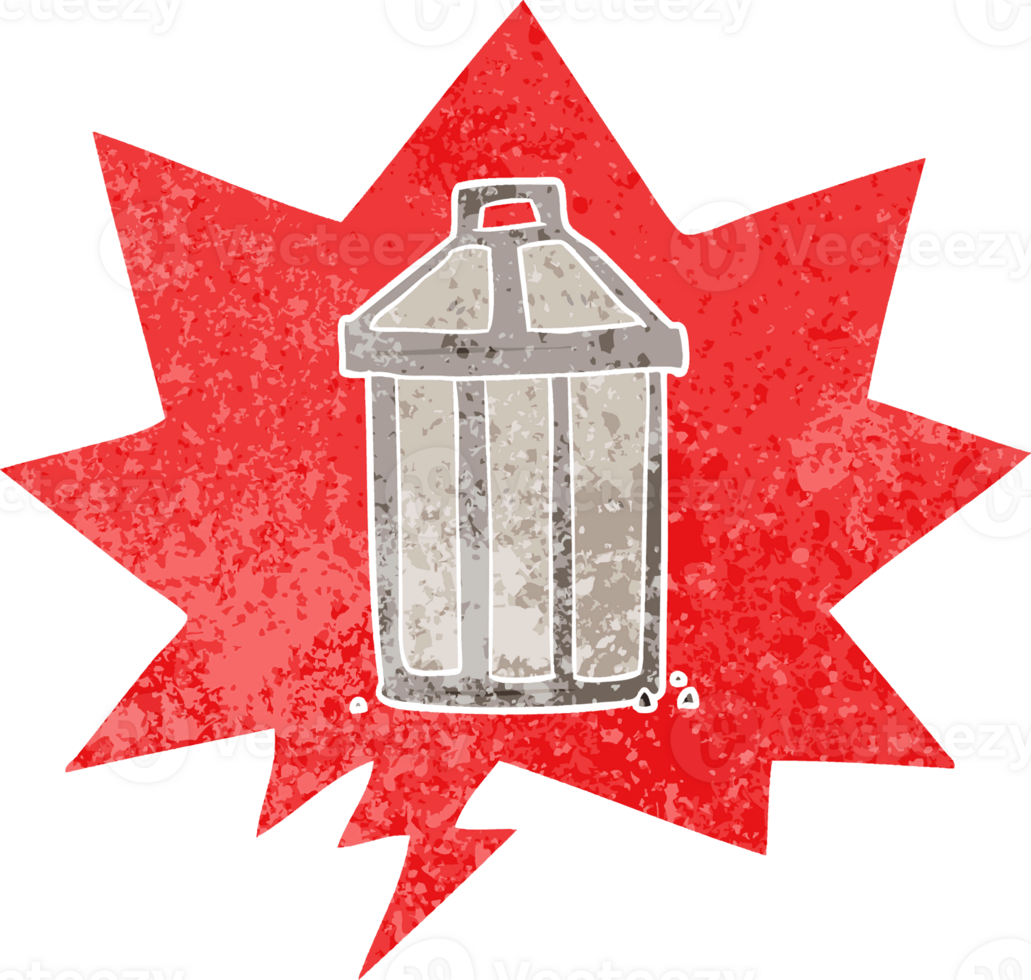cartoon garbage can with speech bubble in grunge distressed retro textured style png