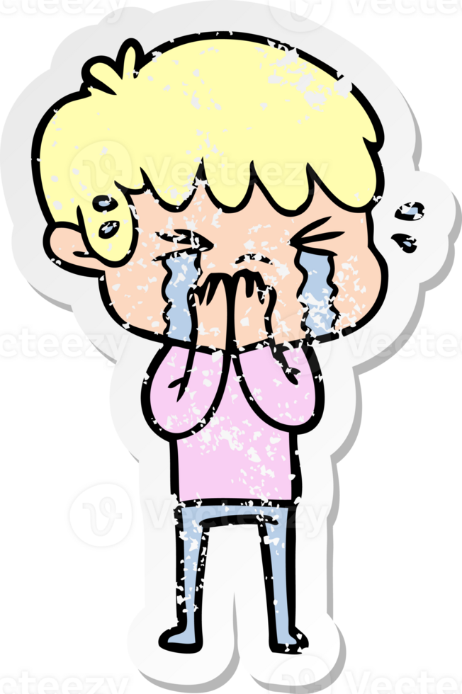 distressed sticker of a cartoon boy crying png