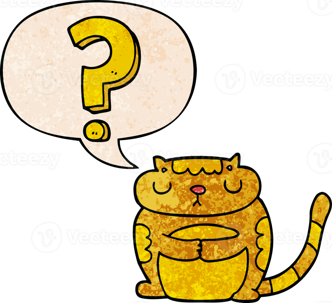 cartoon cat with question mark with speech bubble in retro texture style png