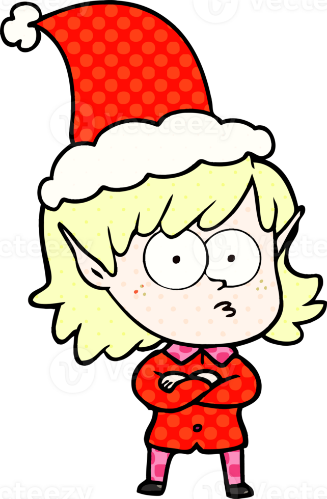 hand drawn comic book style illustration of a elf girl staring wearing santa hat png
