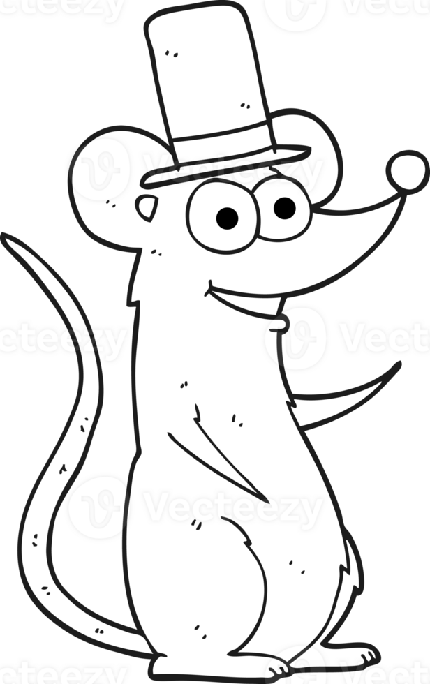 hand drawn black and white cartoon mouse in top hat png