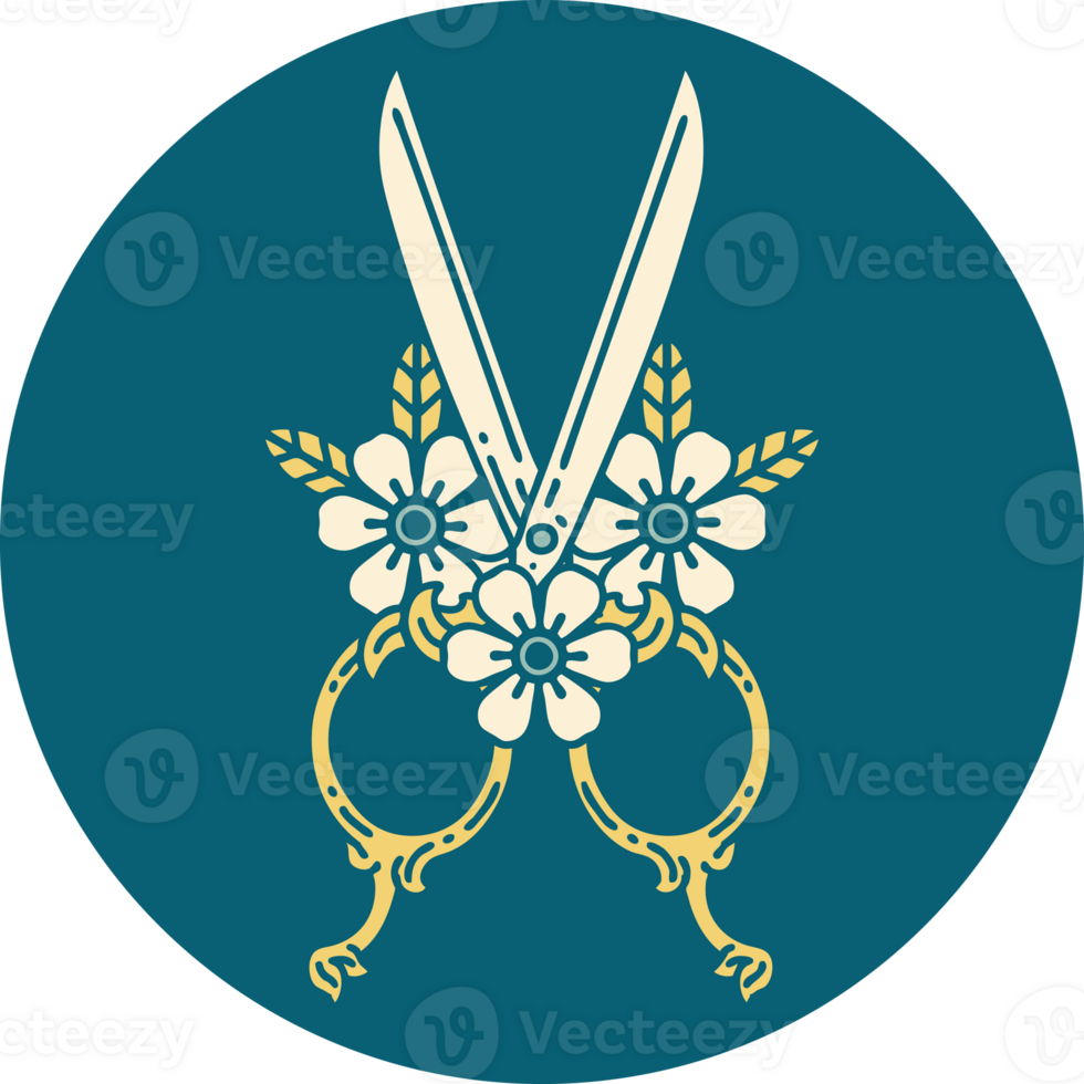 iconic tattoo style image of barber scissors and flowers png