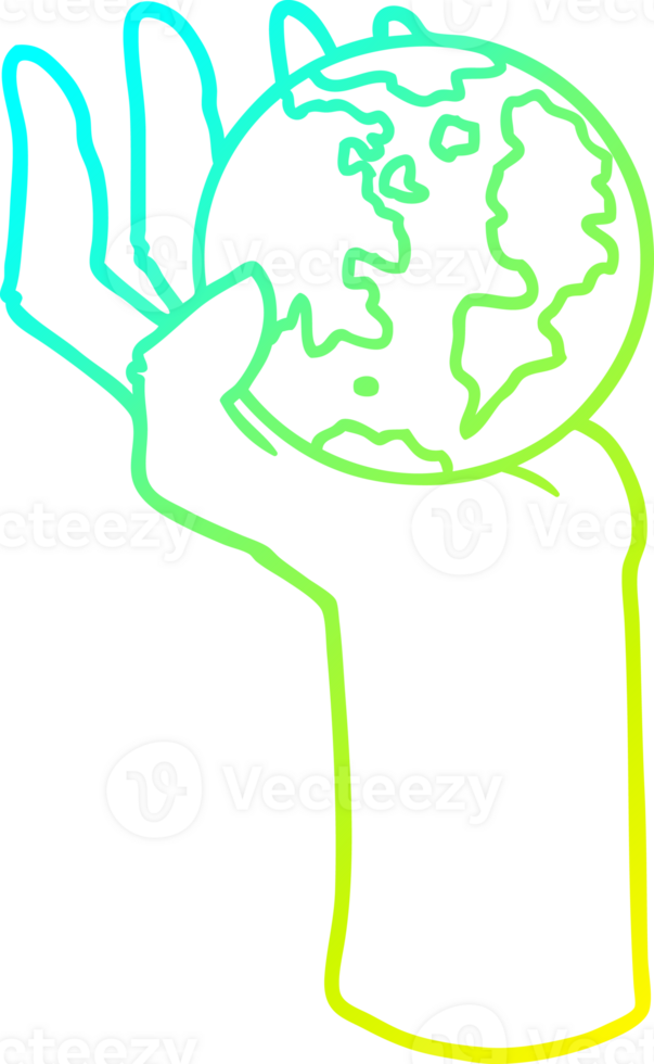 cold gradient line drawing of a cartoon hand holding whole earth png