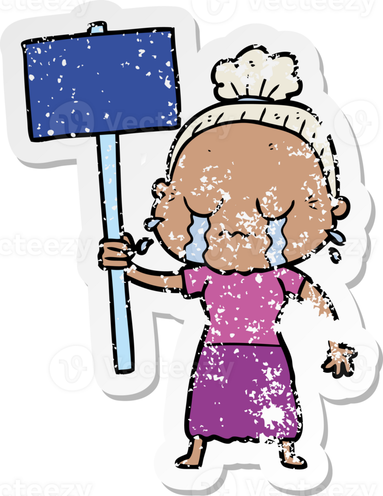 distressed sticker of a cartoon old woman crying while protesting png