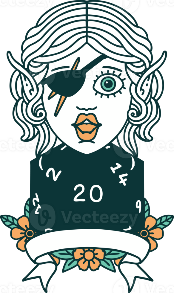 Retro Tattoo Style elf rogue character with natural twenty dice roll png