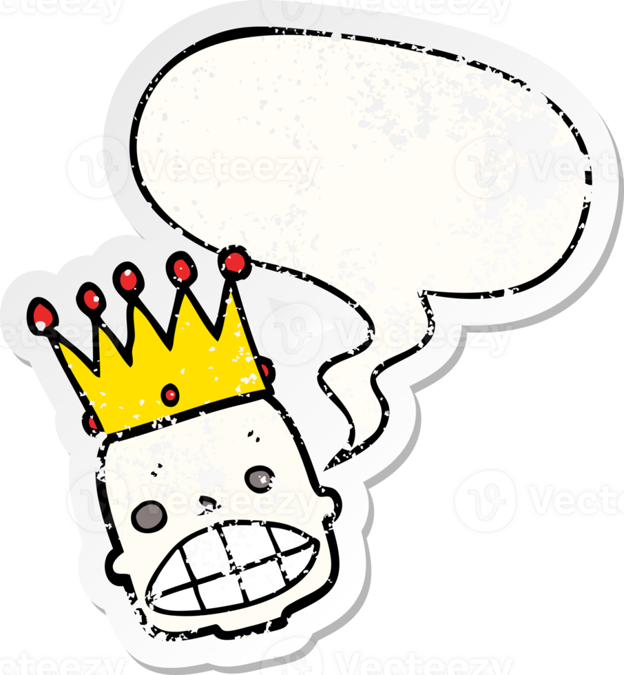 cartoon spooky skull face with crown with speech bubble distressed distressed old sticker png