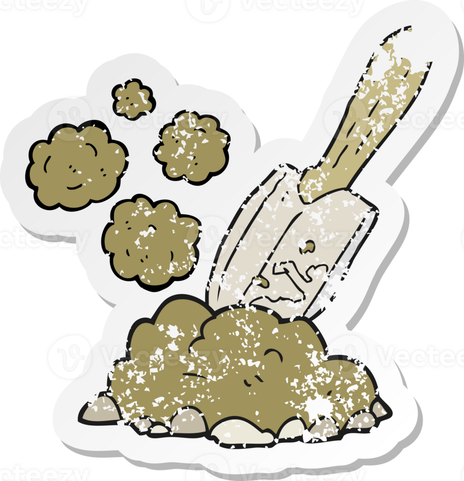 retro distressed sticker of a cartoon trowel digging earth png